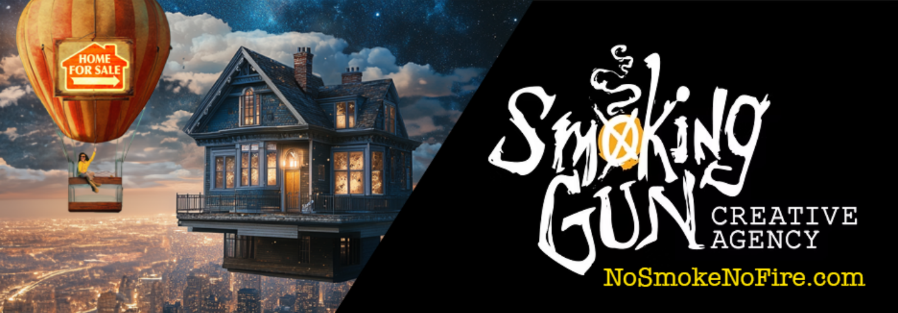 A banner image for Smoking Gun with a jagged font that has white swiveled lines and an yellow x in the O of smoking. The photo shows a house that is floating in the clouds with a array of blues and purples, the home is warmly lit, showing a whimsical style. There is a yellow Hot air balloon floating alongside of it.