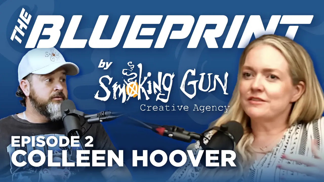 Podcast thumbnail for The Blueprint, including host Brandon Adams and guest Colleen Hoover